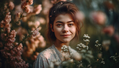 Young woman smiling in nature beauty generated by AI