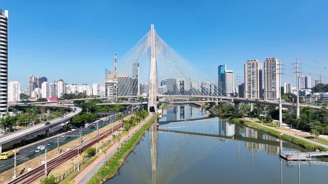 Cable Bridge At Cityscape In Sao Paulo Brazil. Downtown Time Lapse. Traffic Road Time Lapse. Sao Paulo Brazil. Bridge Landscape. Cable Bridge At Cityscape In Sao Paulo Brazil.