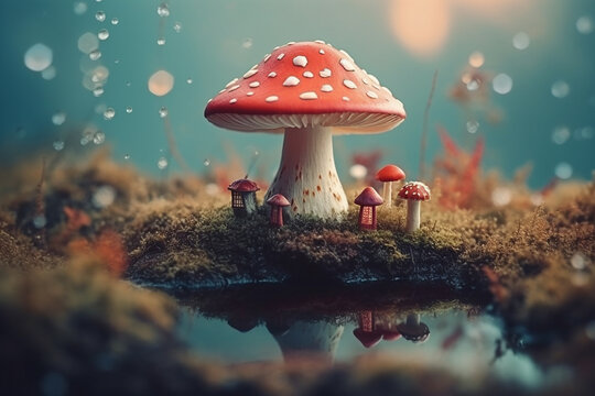 Fly agaric illustration. Microdosing, growing mushrooms in vitro. The concept of alternative medicine, micro-dosing and fly agaric mushrooms treatment. AI generated image.