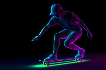 Abstract silhouette of a skateboarder on black background.AI generated