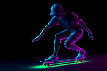Obraz premium Abstract silhouette of a skateboarder on black background.AI generated