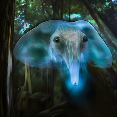transparent bioluminescent milky elephant mushroom alien alien face closeup portrait of octopustechjellyfisheagle flying through the daintree rainforest canopy clear facial features 35mm lens f18 