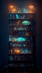 fairy library with tall bookcases made of crystallized opals bookshelves beautiful cinematic bioluminescent glowing ultra realistic render octane render 8K resolution high definition texture 