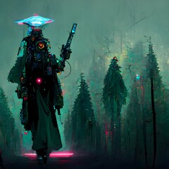 cyberpunk eirecore wizard patrolling forest 
