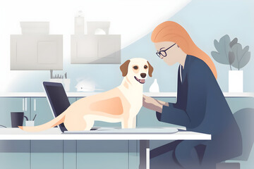 Flat vector illustration mid section of vet examining dog