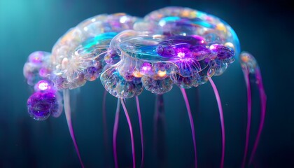 infinite holographic jellyfish made from pearlescent neon ultra violet mandelbrot set under water with ulra detailed lighting bokeh texture 8k uhd hdr photorealistic unreal engine Octane render 
