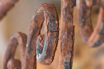 Destruction of metal. Rusty wrought iron fence.