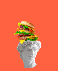 Creative art collage of David's head with huge burger flying out of his head on orange background....
