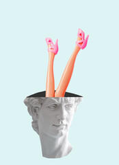 Creative art collage of David's head with female legs in pink shoes flying out of his head on blue...