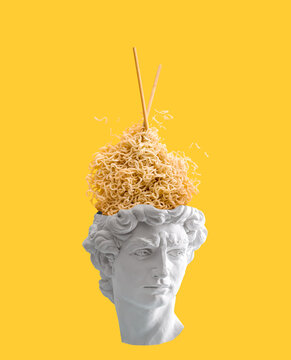 David's head with noodles and chopsticks flying out of it on yellow background. Poster for wok cafe or metaphor for mental disorder.