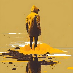 In the middle of a gaze a person stands on a slippery surface coated in mustard They are carefully observing their surroundings 