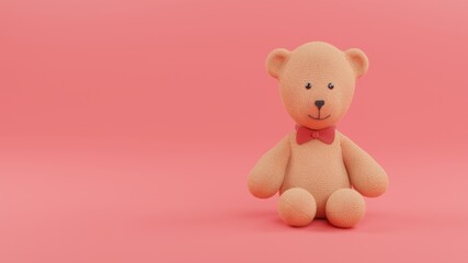 Soft teddy bear sitting, knitted toy, red bow tie, friendly smile, big pink background