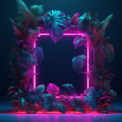 Retro futuristic composition with a neon pink frame overgrown with various tropical plants. Synth wave atmosphere. Generative AI.