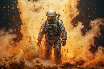 Fototapeta premium Man in a gas mask shrouded in smoke, walking in a dangerous radioactive zone. Apocalypse, nuclear war. Generative AI