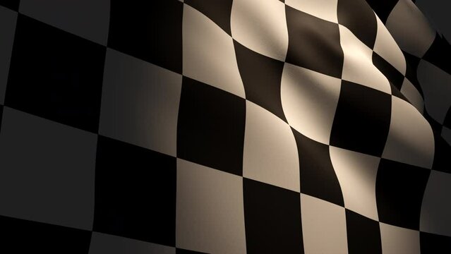 Waving contrasty checkered race flag in slow motion animation. End of racing session, dramatic light.