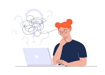A puzzled girl works on her laptop. The process of solving a problem. A girl looking for answers to her questions. Vector illustration