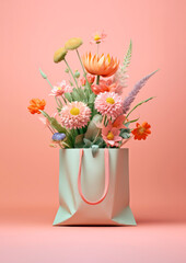 A shopping bag full of freshly picked colorful medow flowers on a minimal pastel background. Pink tones. Happy shopping concept. Generative AI.