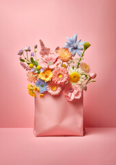 A shopping bag full of freshly picked colorful spring flowers on a minimal pastel background. Pink tones. Happy shopping concept. Generative AI.