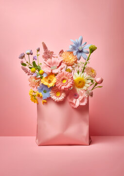 Fototapeta A shopping bag full of freshly picked colorful spring flowers on a minimal pastel background. Pink tones. Happy shopping concept. Generative AI.