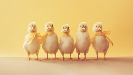 Cute little chicks with yellow scarves standing in a row next to each other posing in front of a minimal yellow background. Generative AI. - obrazy, fototapety, plakaty