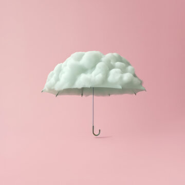 Surreal composition with a cloud that is actually an umbrella on a pastel pink background in the style of juxtaposition. Generative AI.