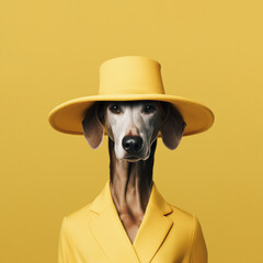 Cute elegant dog dressed in yellow in the style of fashion icons posing in front of a bright yellow background with copy space. Generative AI. - obrazy, fototapety, plakaty