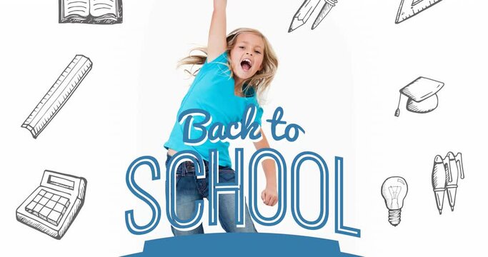 Animation of back to school text, caucasian schoolgirl and icons