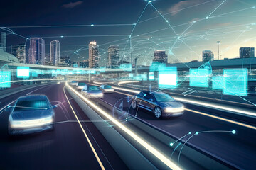 Fototapeta premium Smart cars with automatic sensor driving on metropolis with wireless connection.AI generated