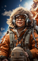 Child in the aviator suit stands on the ejection seat in the sky among the clouds
