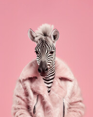 Cool portrait of a zebra dressed in a fluffy pink leather coat in front of a minimal pastel studio background. Generative AI.