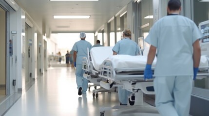 Obraz premium Nurses pushing hospital stretchers inside the hospital