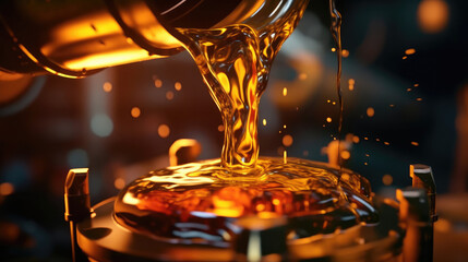 Close-up of car engine oil pouring - obrazy, fototapety, plakaty