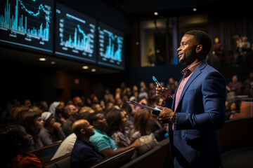 Dynamic Presentation: Charismatic African-American Business Leader Takes the Stage, Delivering an Engaging Talk on Startup Big Data Statistics, Illustrated with Compelling Charts Ai generative