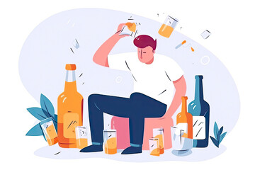 Strong hangover of man after drinking alcohol. Drunk tiny person sitting with bottle and glasses of liquor.AI generated