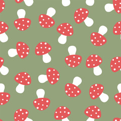 Simple seamless pattern with mushrooms on a green background.Vector graphics.