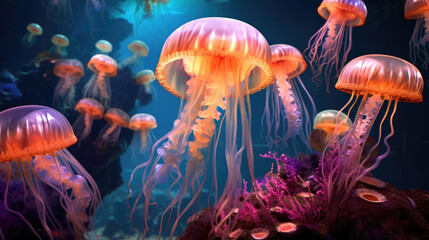 Colourfull jellyfishes in undersea