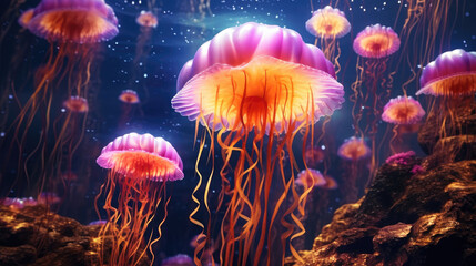 Fototapeta na wymiar Colourfull jellyfishes in undersea
