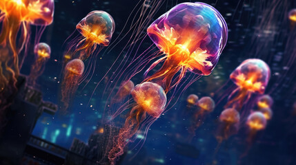 Naklejka premium Colourfull jellyfishes in undersea