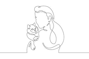 Woman holding a cat. Veterinarian with a pet. Girl with a cat. One continuous line. Linear.One continuous line drawn isolated, white background.