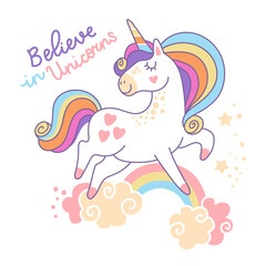 Cute cartoon character magic unicorn with a rainbow