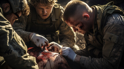 A military medic administering emergency medical treatment to a wounded soldier on the battlefield Generative AI - obrazy, fototapety, plakaty