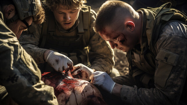 A Military Medic Administering Emergency Medical Treatment To A Wounded Soldier On The Battlefield Generative AI