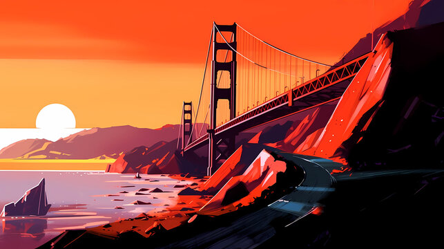Illustration of a beautiful view of the Golden Gate Bridge, USA