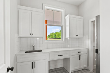 Brand new white laundry room with white subway tile backsplash and window