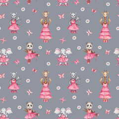 Watercolor seamless pattern. Hand painted illustration of cartoon elephant, panther cat, panda bear, giraffe. Girls in dance studio in pink dress, ballet shoes. Print on grey background for textile © Olga Sidelnikova