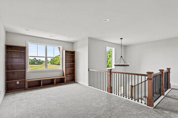 room with floor, white, empty home with two windows and carpet and ceiling fan