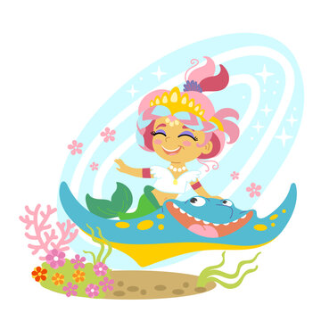 Cute cartoon mermaid ride on a sea stingray vector
