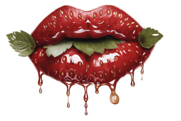 Lips with strawberry, leaves and drop of water. Transparent background