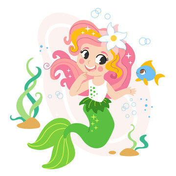 Cute cartoon pink hair mermaid and a fish vector illustration