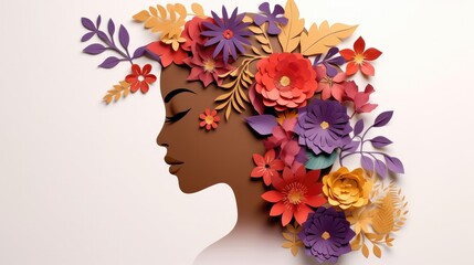 Illustration of face and flowers style paper cut with copy space for international women's day. Generative AI